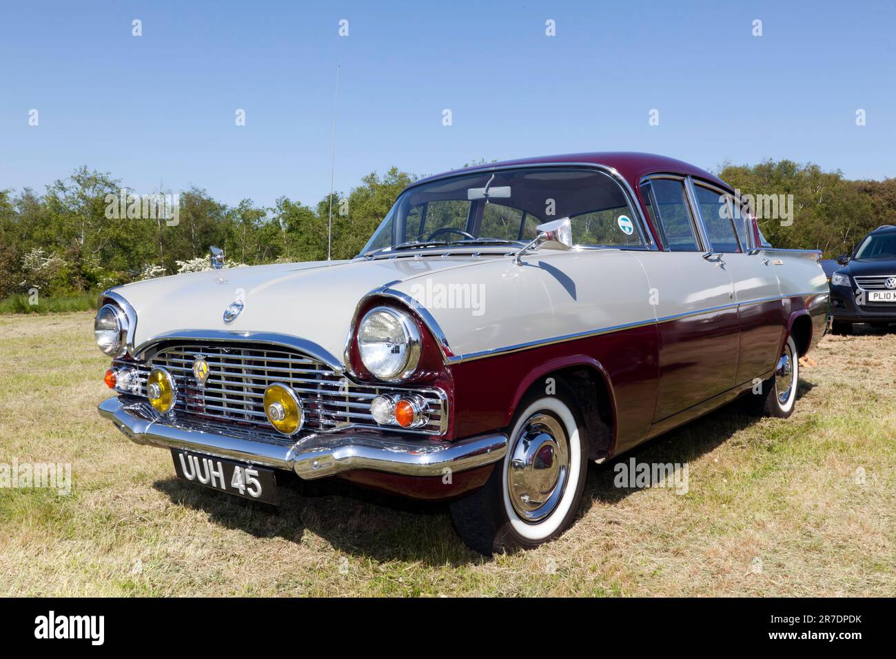 Three-quarter front view of a Grey and Brown, 1960, Vauxhall  Cresta  PA, on display at the 2023 Deal Classic Car show Stock Photo