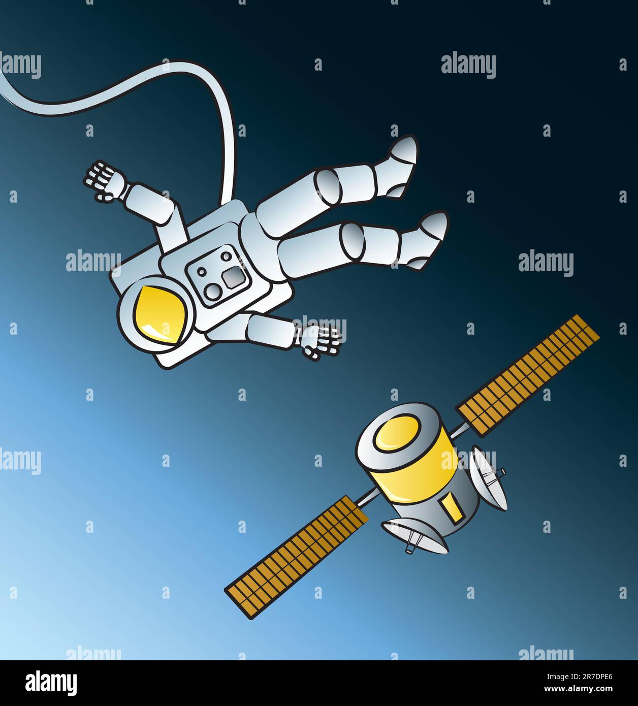 Cartoon astronaut on a space walk with a satellite in the background. Stock Vector