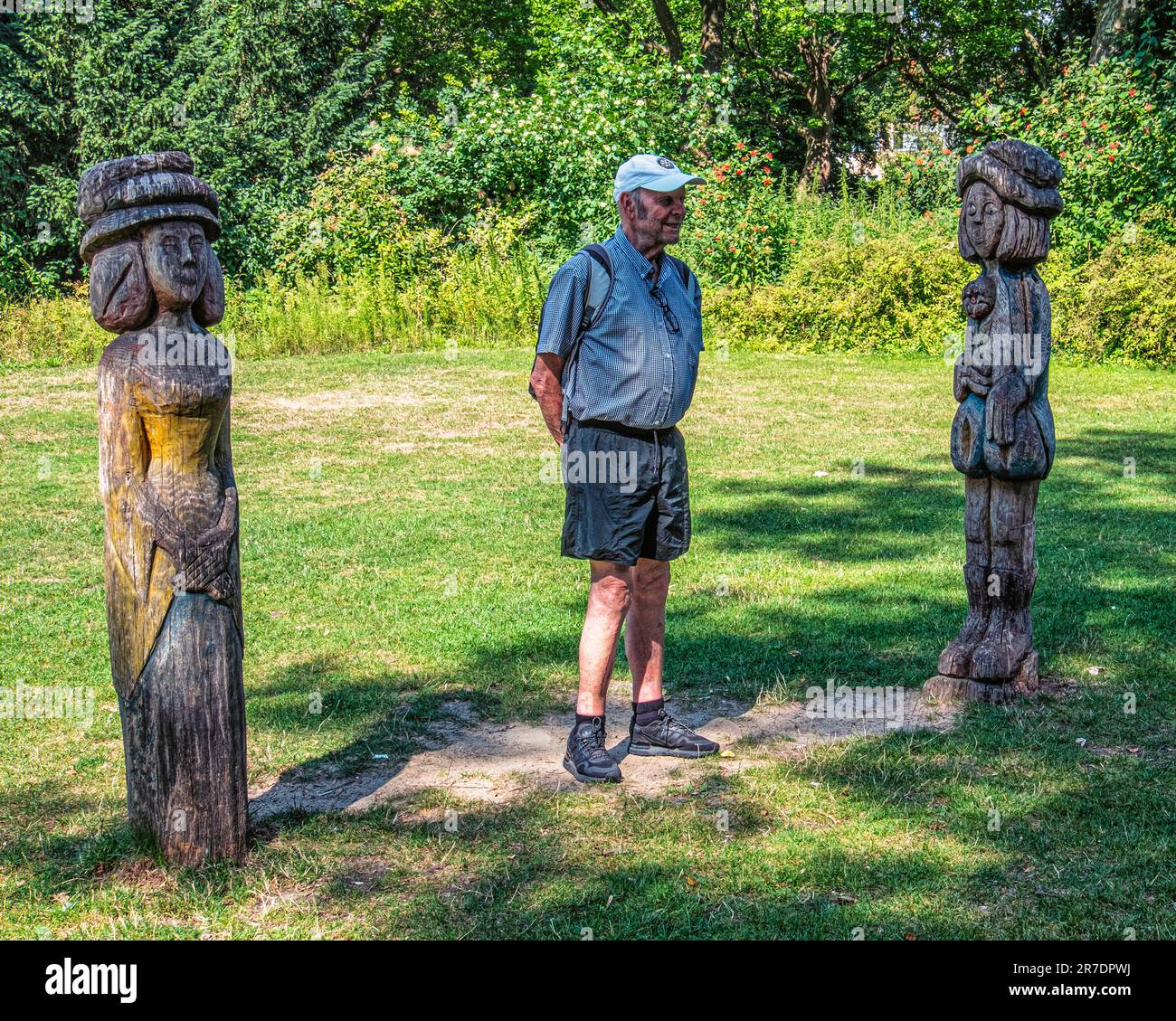 Wooden sculptures depicts fairy tale figures at the Von der Schulenburg Park,Neukölln,Berlin Stock Photo