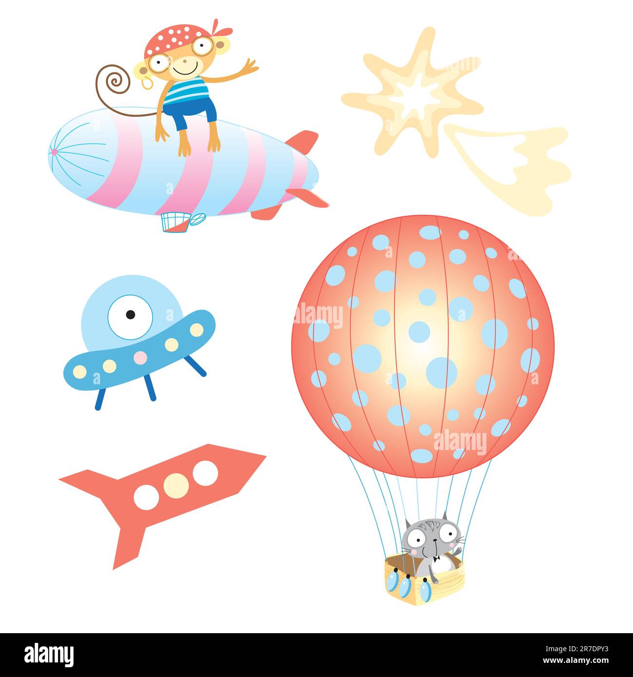 funny aircraft with a monkey on a white background Stock Vector