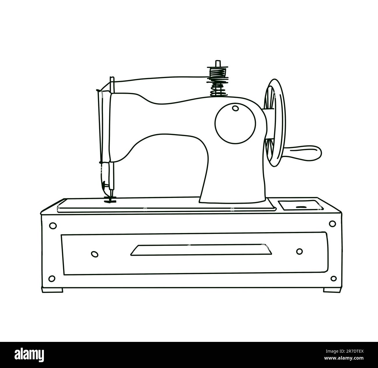 Sewing machine in continuous line art doodle style. Hand drawing