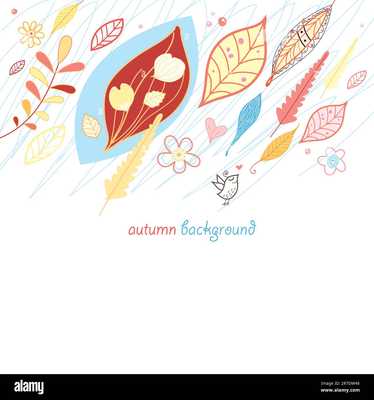 bright colored background with leaves and bird love Stock Vector