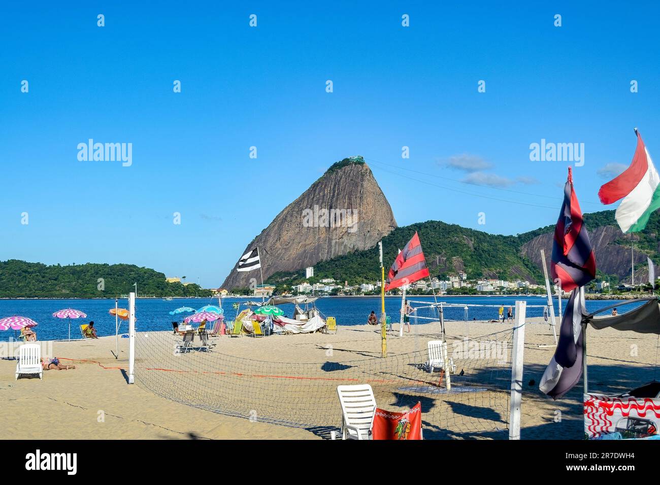 Flag Steps Rio Rio de Janeiro, Brazil - June 8, 2023: A sandy beach with flagpoles ...