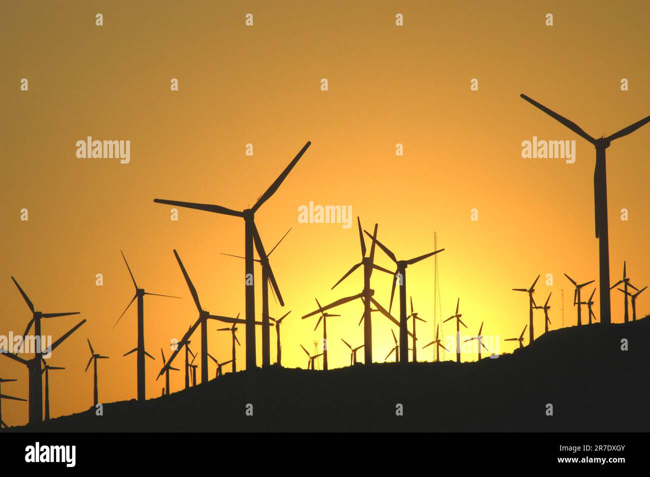 A silhouette of wind turbines silhouetted against a vivid sunset sky in ...