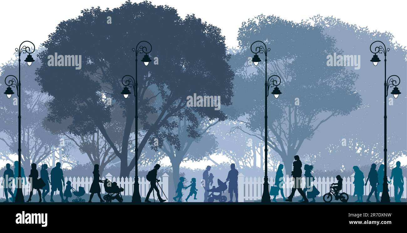 Crowd of people walking on a street and in a park. Stock Vector