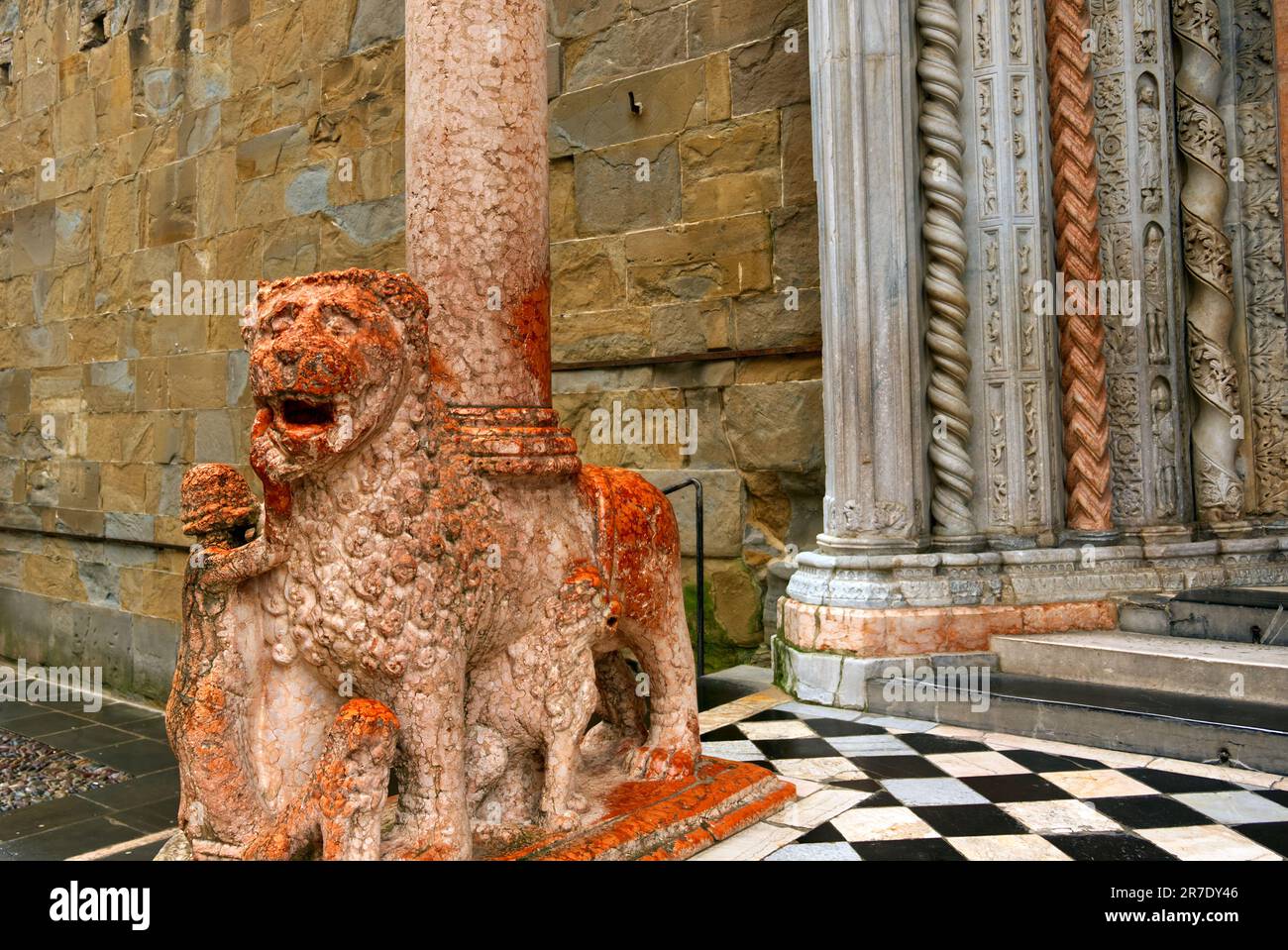 Bergamo, Italy - 15 jan 2023: the granite lions at the entrance of the Cathedral of Saint Alexander. Stock Photo