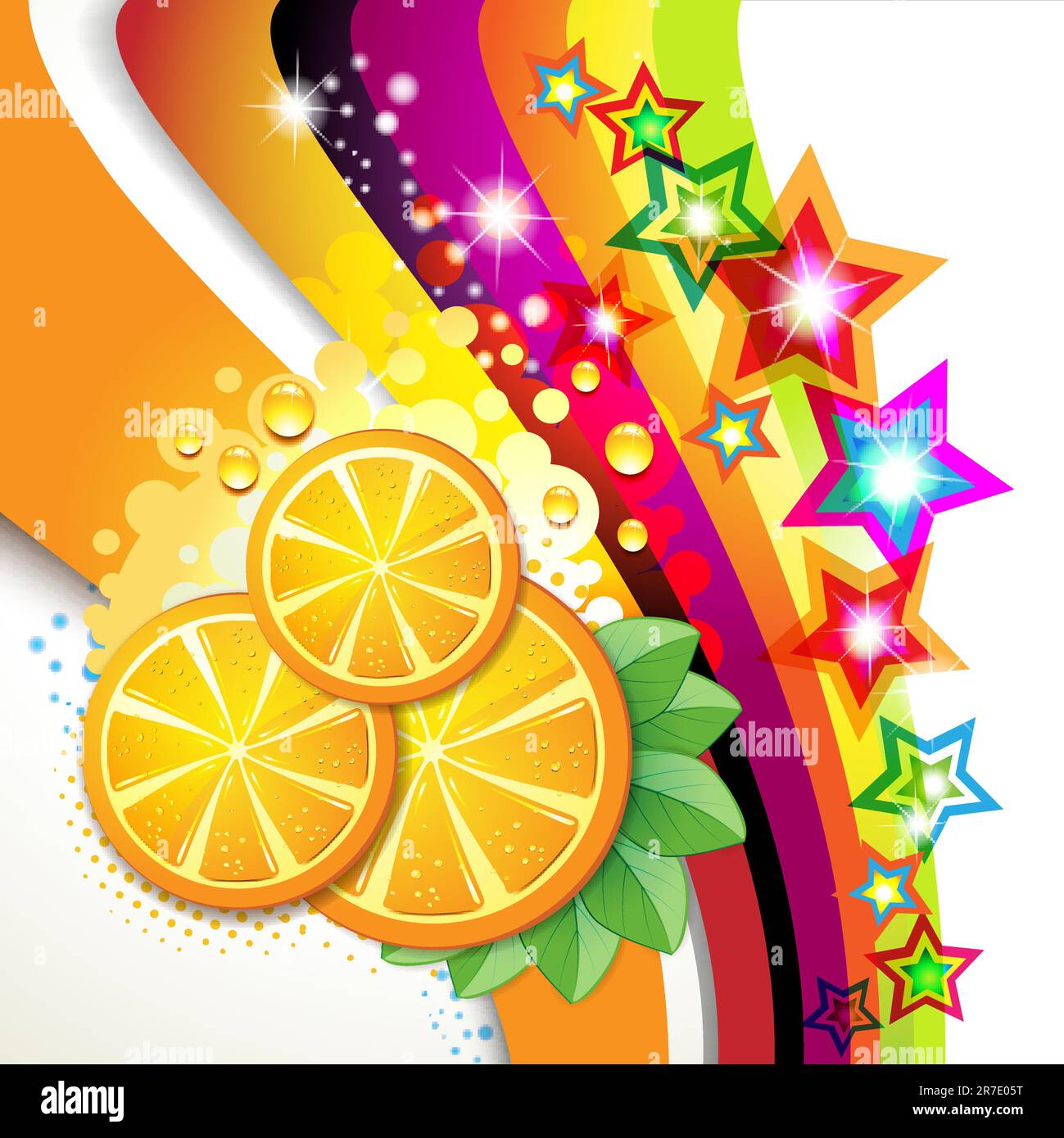 Slices orange with leaf over colored background Stock Vector