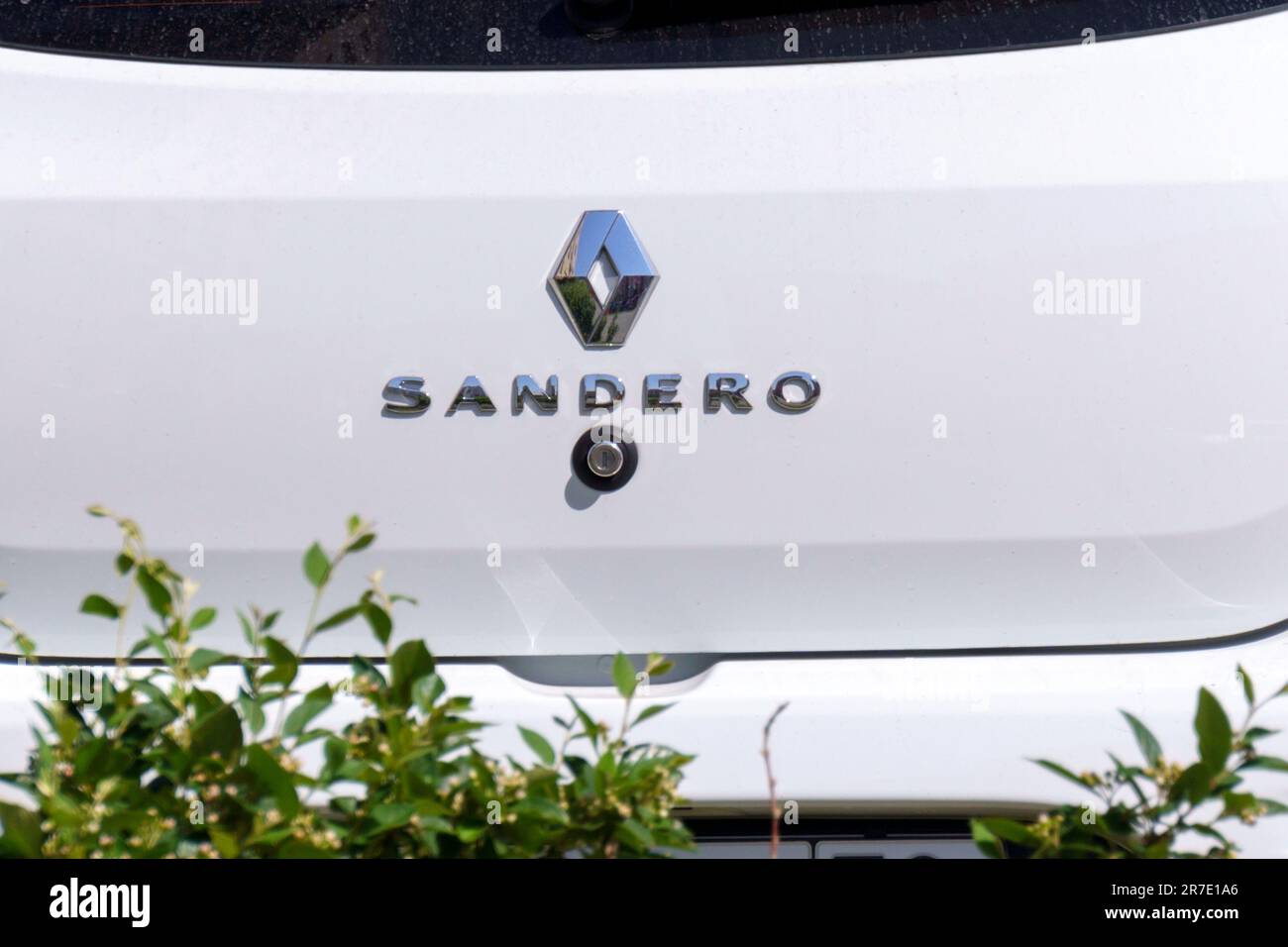 Tyumen, Russia-June 08, 2023: Renault Sandero logo close up by the French manufacturer Renault Stock Photo