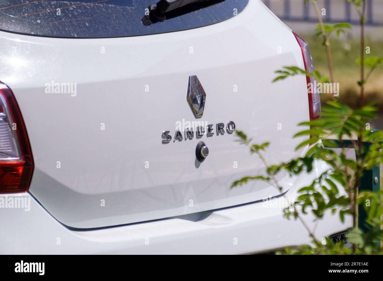 Tyumen, Russia-June 08, 2023: Renault Sandero logo on the car. Stock Photo