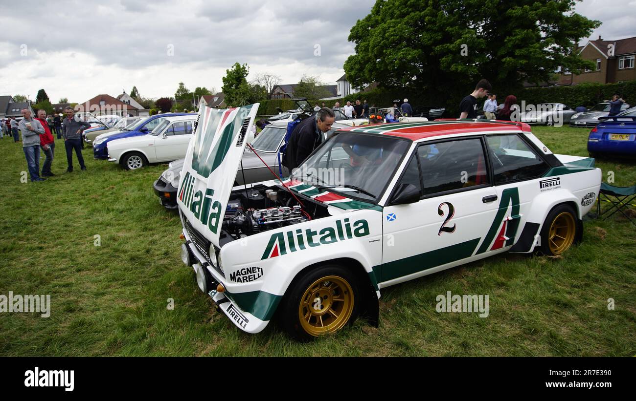 A classic Fiat 131 Abarth Group 4 rally car at a car show in Bridge of ...