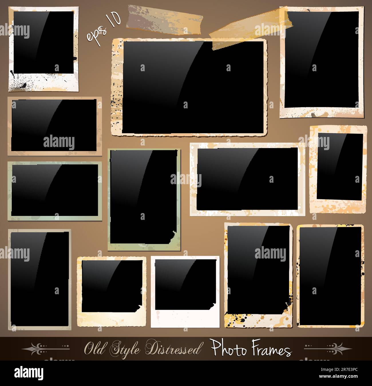 Collection of Vintage Photo Frames with antique distressed look. Behind black square backgraound are complete with drops and colours with unique ol... Stock Vector