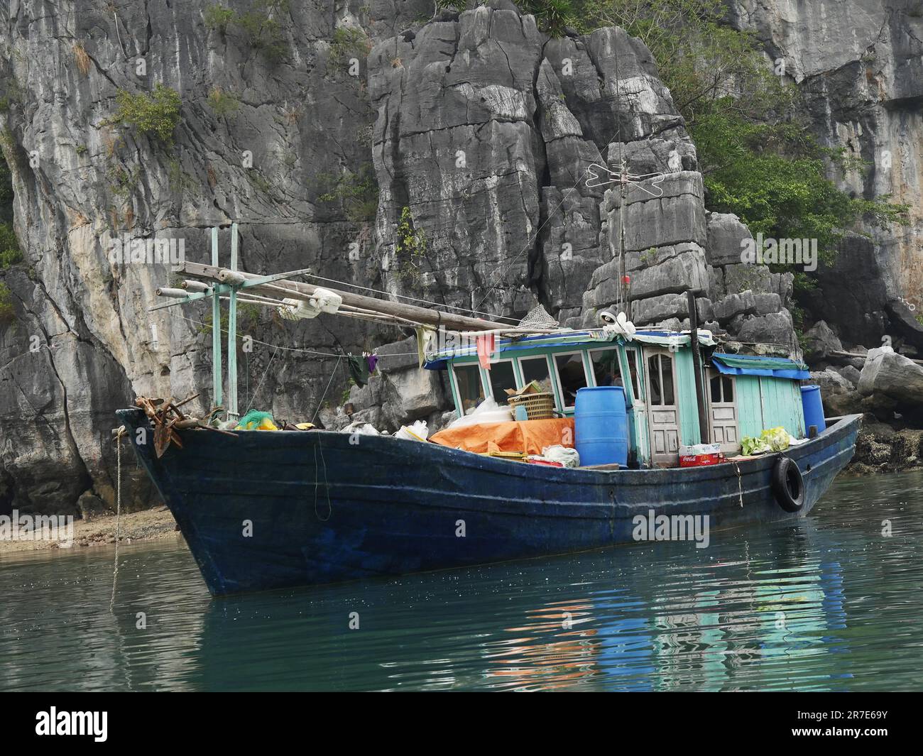 Vietnam, Quang Ninh Area, Halong Bay or Ha Long Bay Unesco World Heritage Site, Fishing Boa Stock Photo