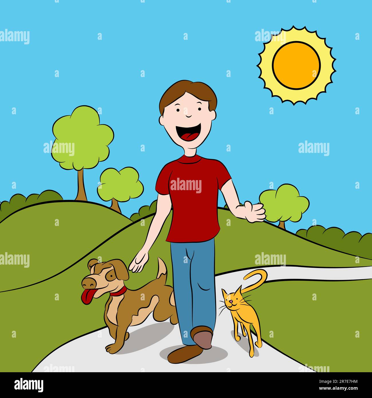 Man walking with his cat and dog in the park. Stock Vector