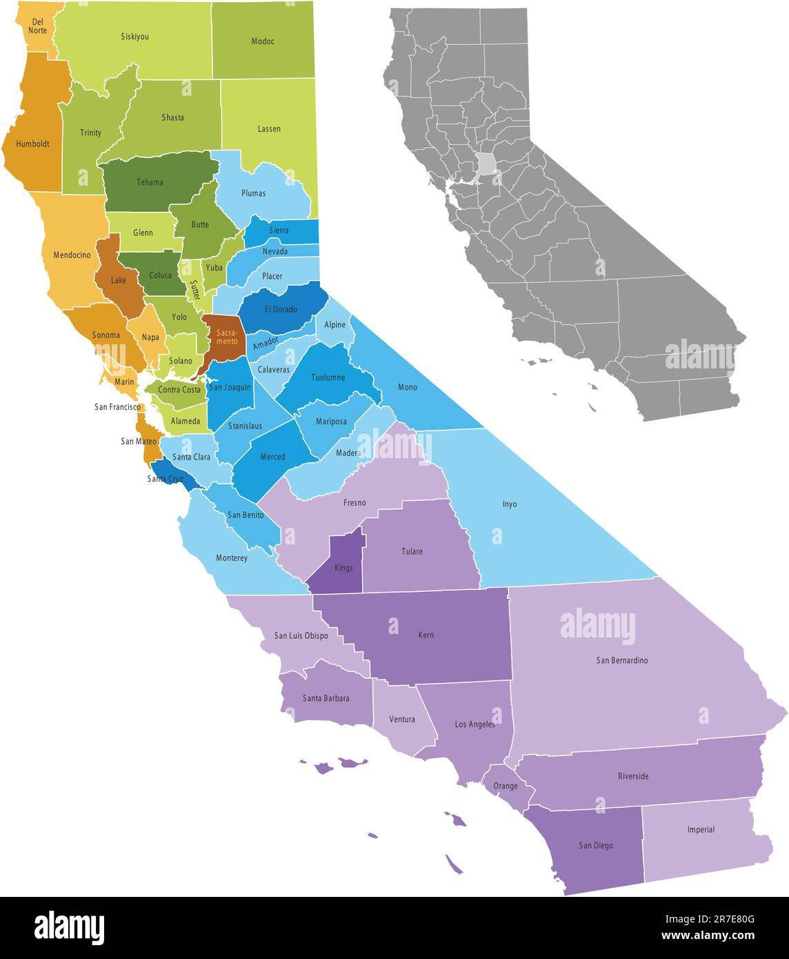 California state counties map with boundaries and names. Eps file