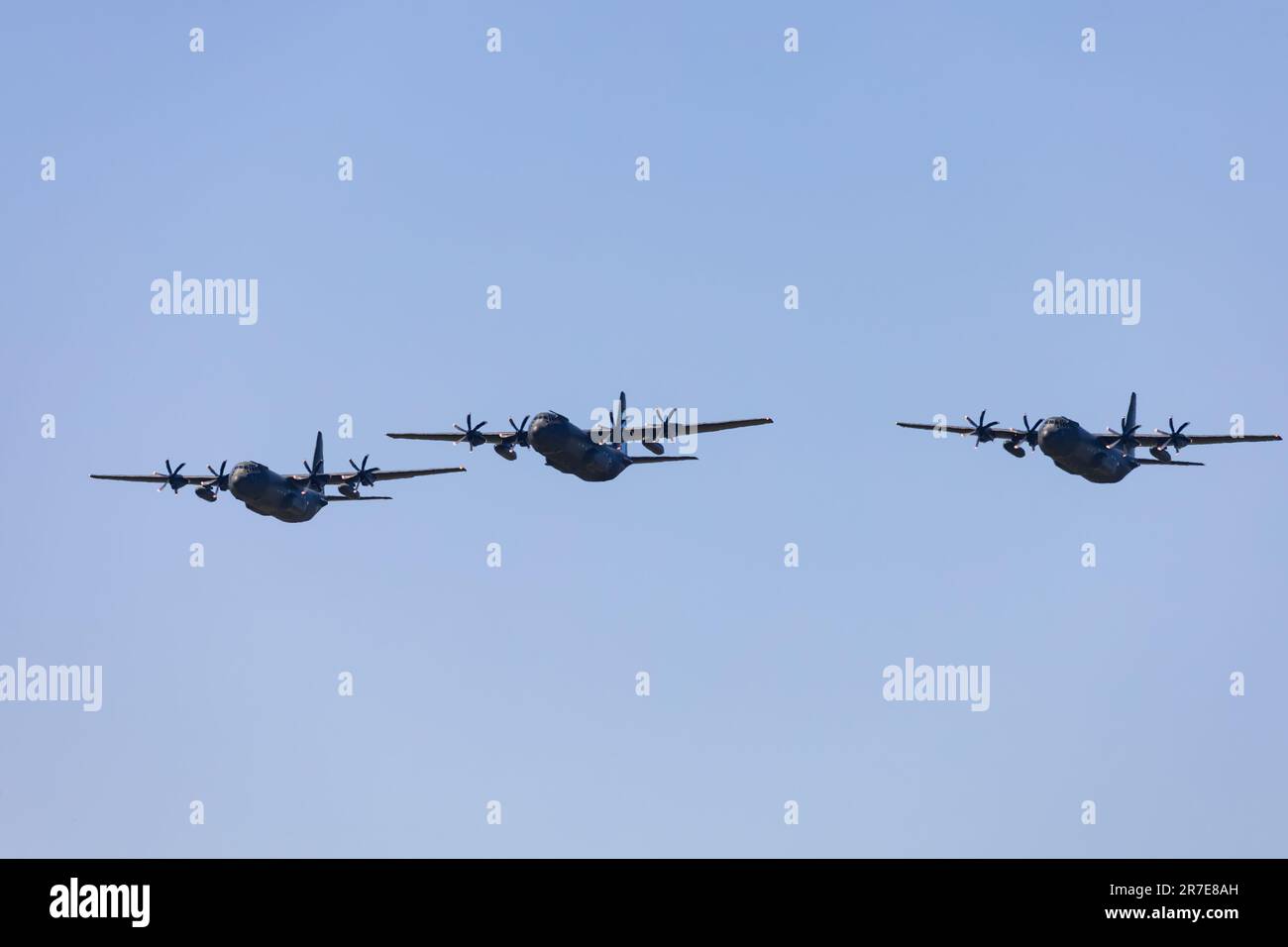 Formation of 3 Lockheed Hercules C130J military transport aircraft of 47 Squadron Royal Air Force on it farewell flypast around the UK on 14th June 202 Stock Photo