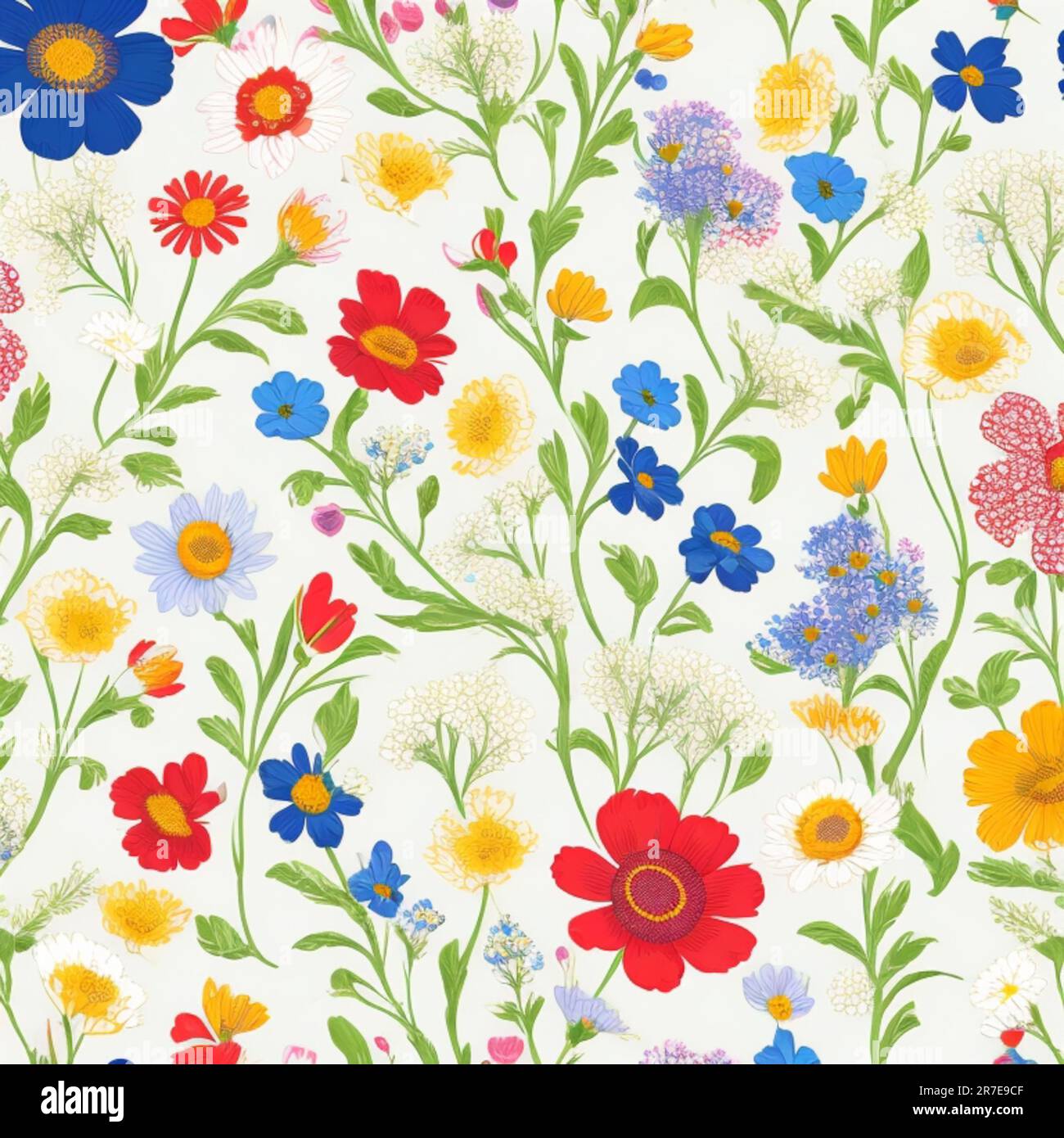 colorful meadow flowers and leaf seamless pattern, beautiful fabric art background Stock Photo