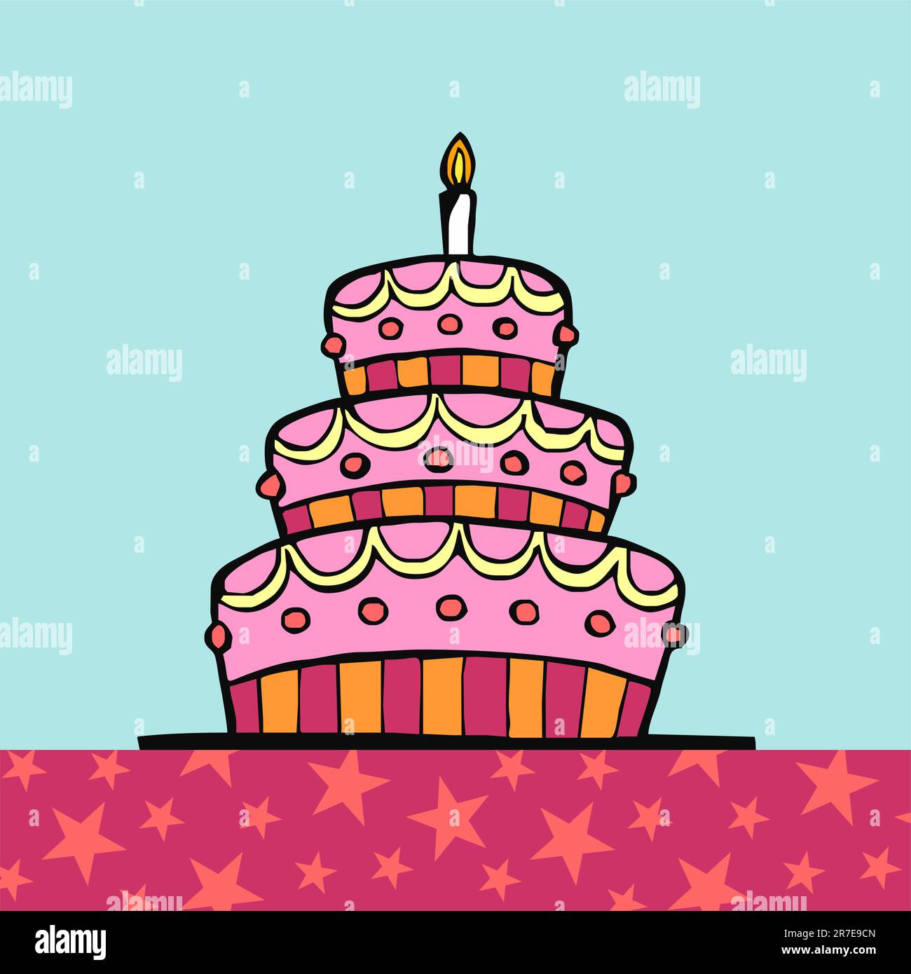Birthday cake on table with pink tablecloth with stars on light blue background Stock Vector