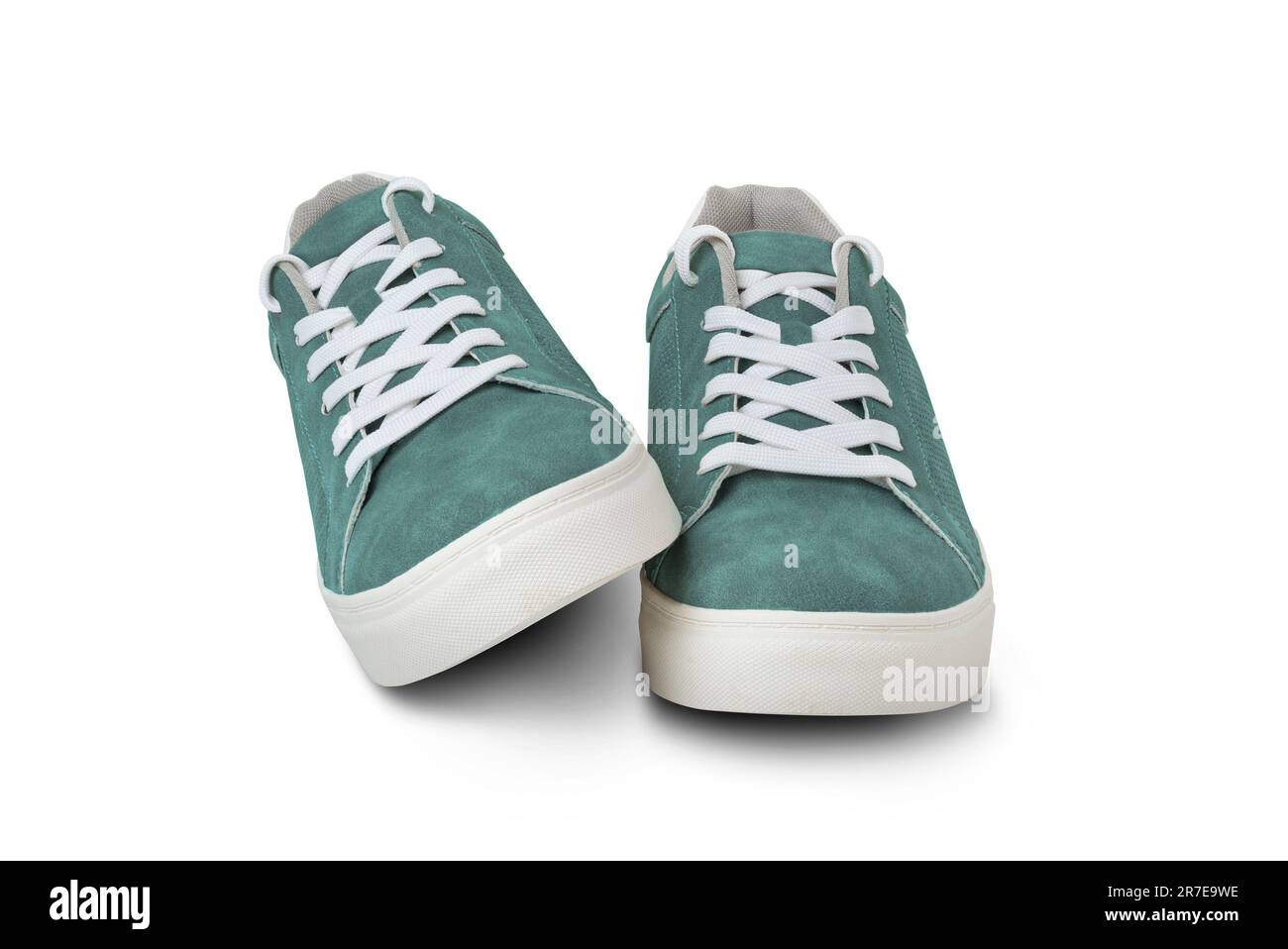 Leather green color men's sneakers with white lace and rubber soles