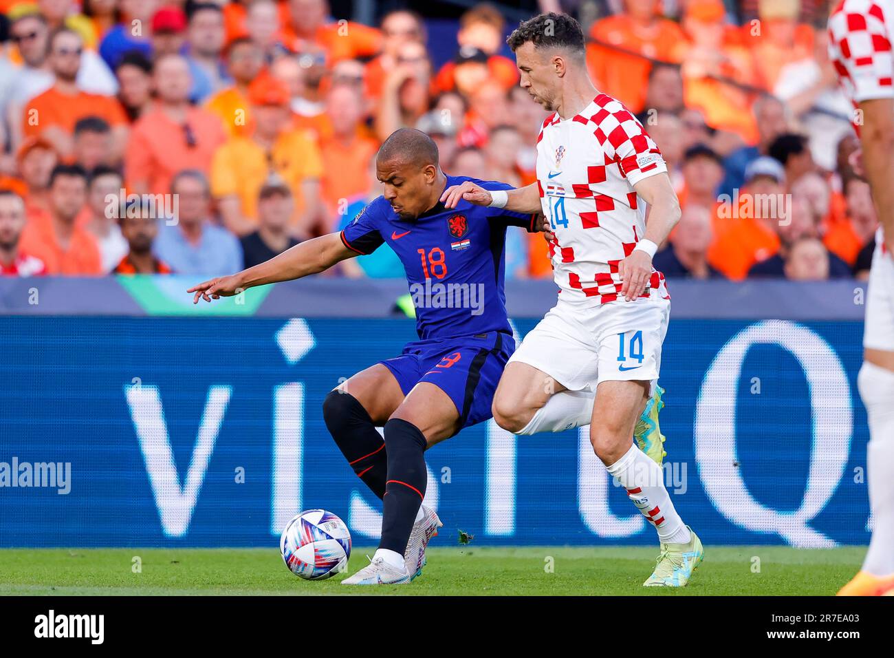 14-06-2023: Sport: Nederland v Kroatie  ROTTERDAM, NETHERLANDS - JUNE 14: Donyell Malen (Netherlands) and Ivan Perisic (Croatia) during the match UEFA Stock Photo