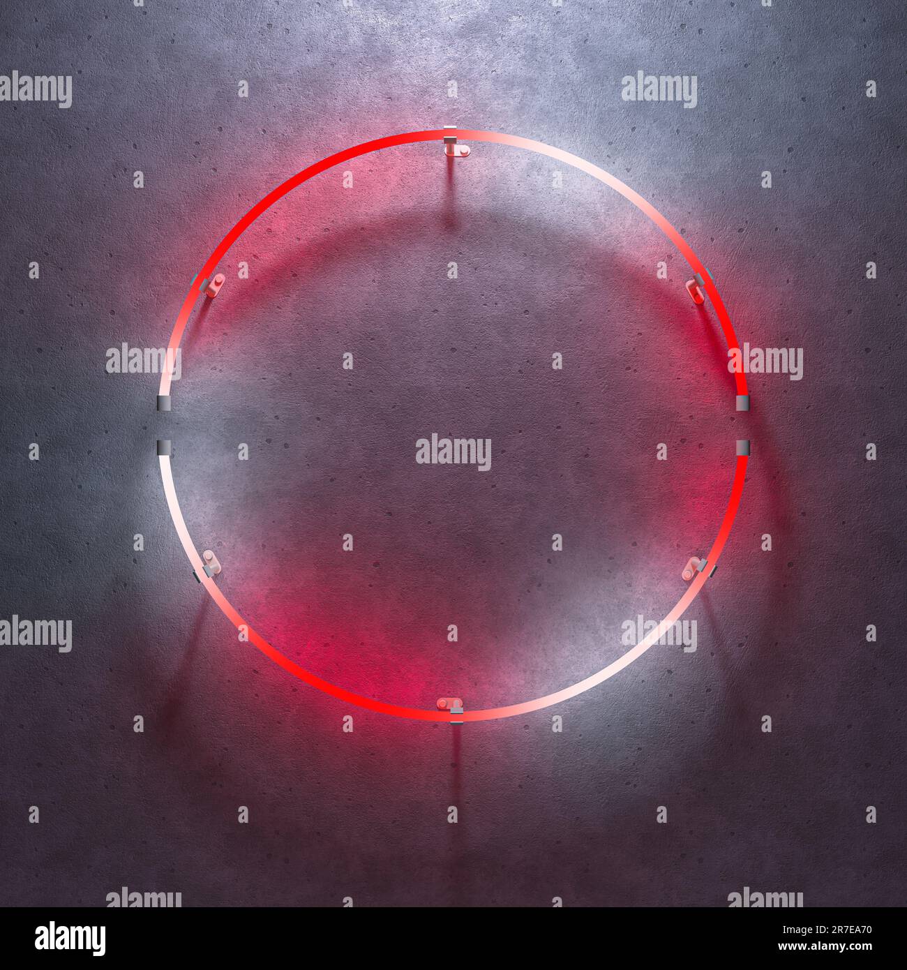 Round shaped glowing neon frame on dark gray concrete wall. White to