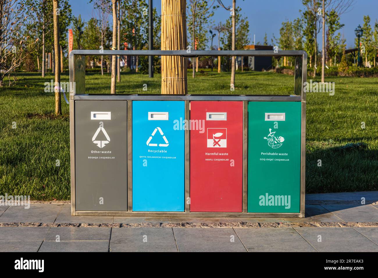 Garbage containers in the city environmental protection theme Stock