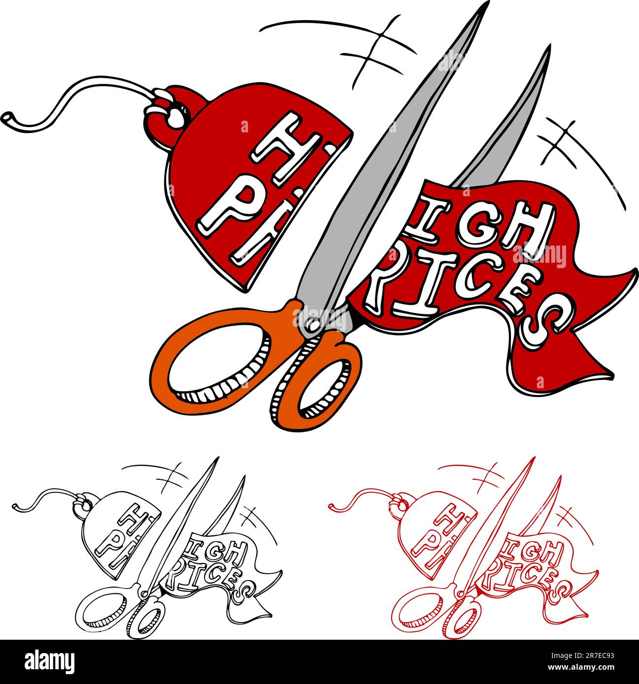 An image of a scissors cutting a high prices tag. Stock Vector