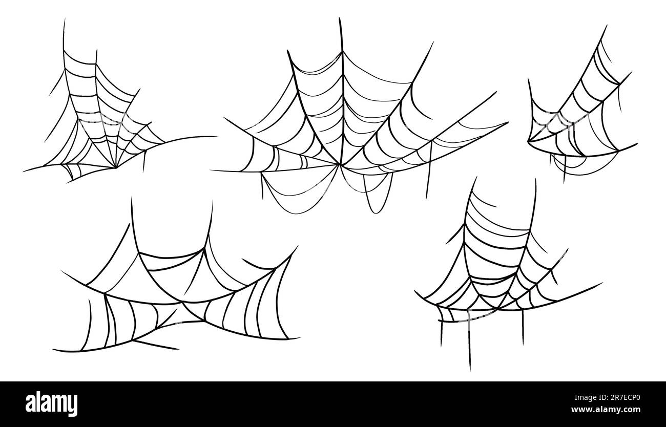 Halloween spider web set. Halloween web, frames and borders, scary elements for decoration. Handmade cobweb or cobweb with hanging spider isolated on Stock Photo
