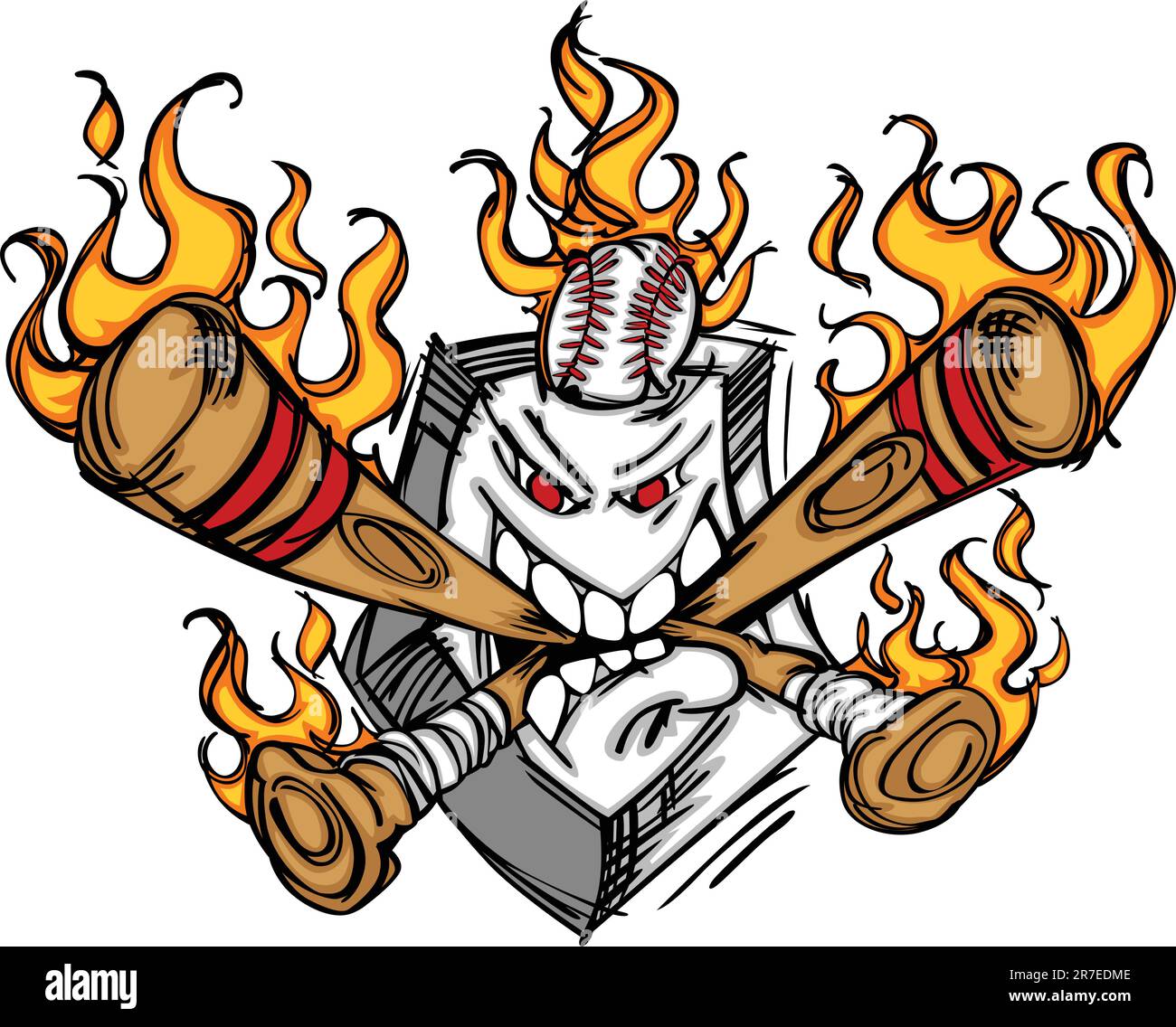 Cartoon Image of Flaming Baseball Bats and Home Plate with Baseball Stock Vector