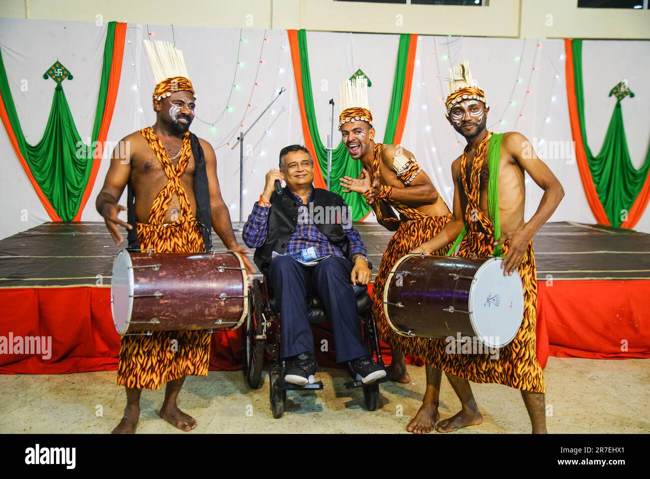 Members of the Sidi Dhamaal Sidi Goma - Saiyad Akbarmiya Gulamali Kadari Dance Group from the Indian State of Gujarat perform Sidi music, and Goma dance adapted from African rituals during The India-Kenya Cultural evening held at the Shri Krishna Hindu Temple in Nakuru. The Sidis, also known as Sheedi, Siddi or Siddhi are Indians belonging to the tribal Sufi Community of East African Origin with deep African musical traditions that they have kept alive for generations. Sidi Goma group sing and dance for their African Sufi saints, using chants, shakers, conches and drums decorated with peacock Stock Photo