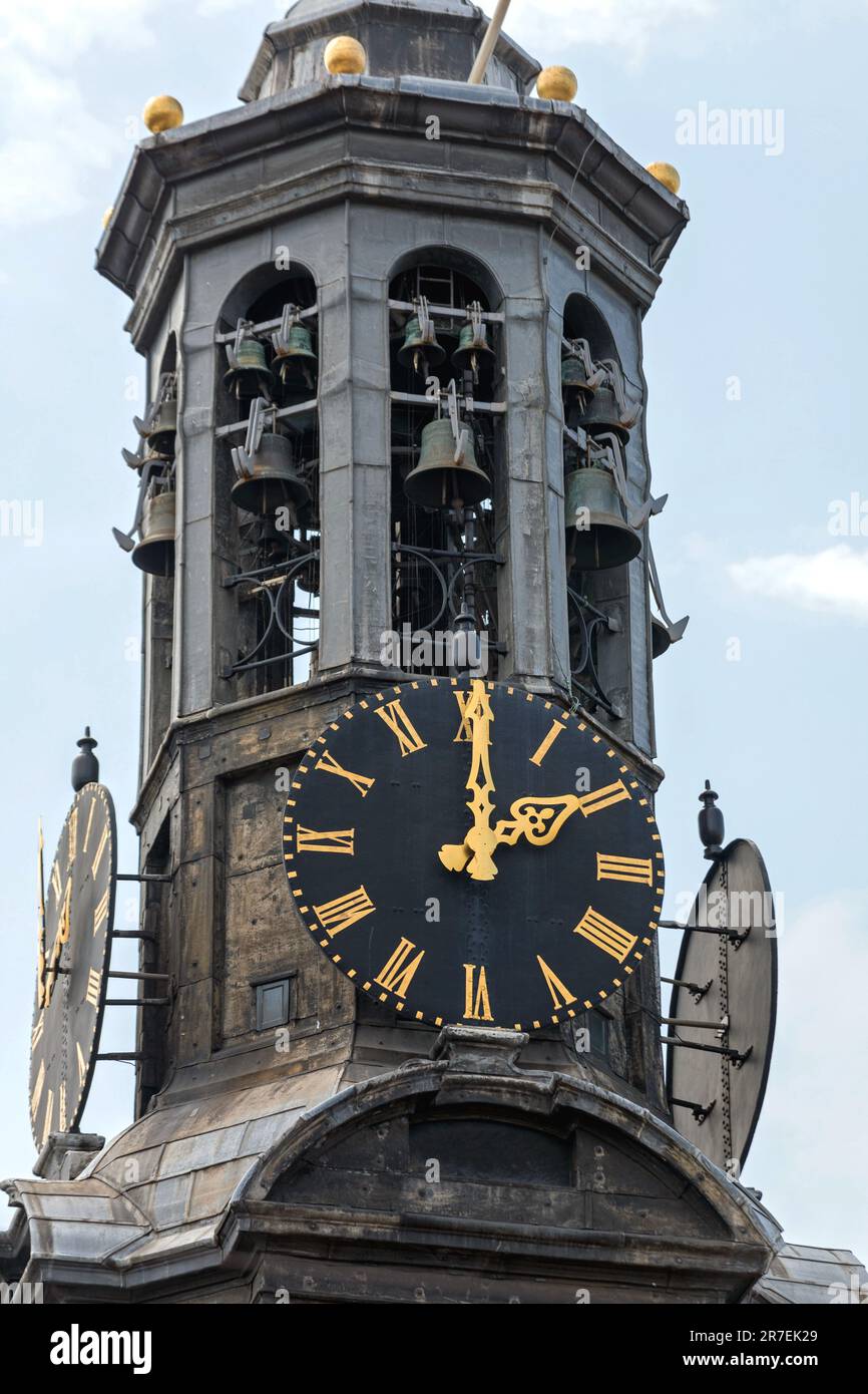 Black Dial Clock With Golden Needles at Church Spire in Amsterdam Stock Photo