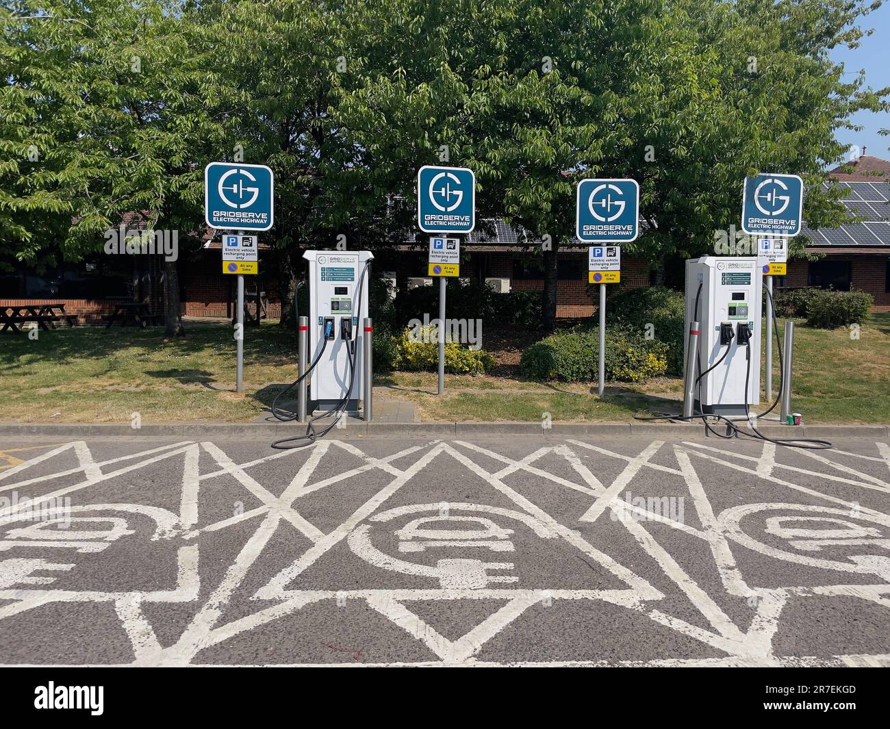 Westerham, Kent, England, UK. 2023. Electric vehicle battery charging