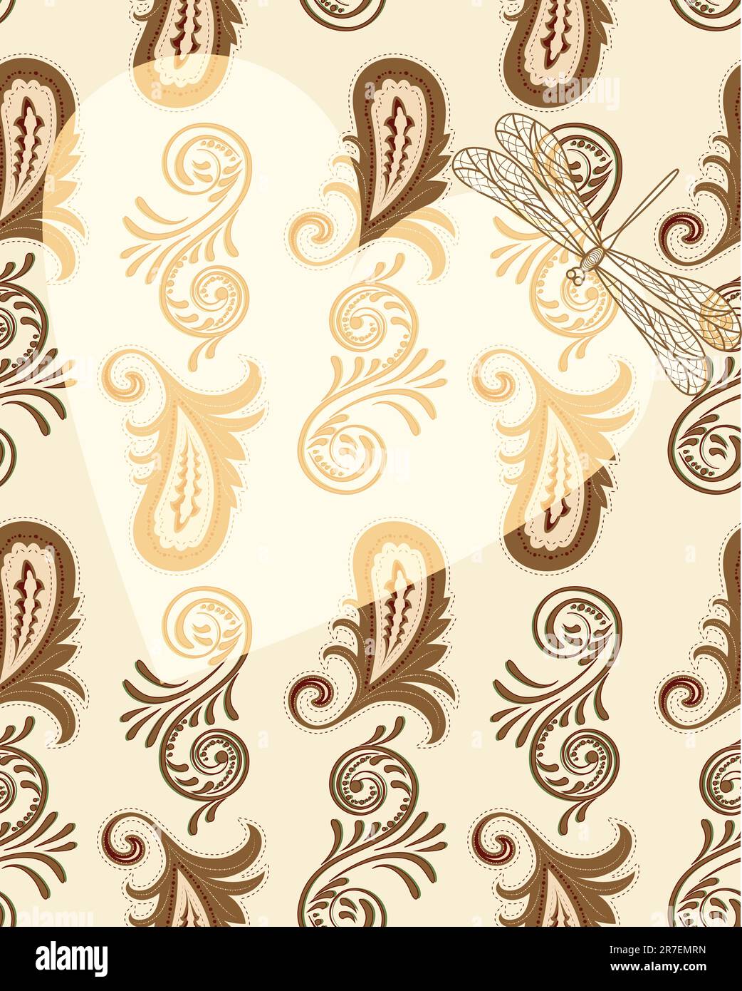 vector transparent heart with dragonfly on seamless paisley pattern.4