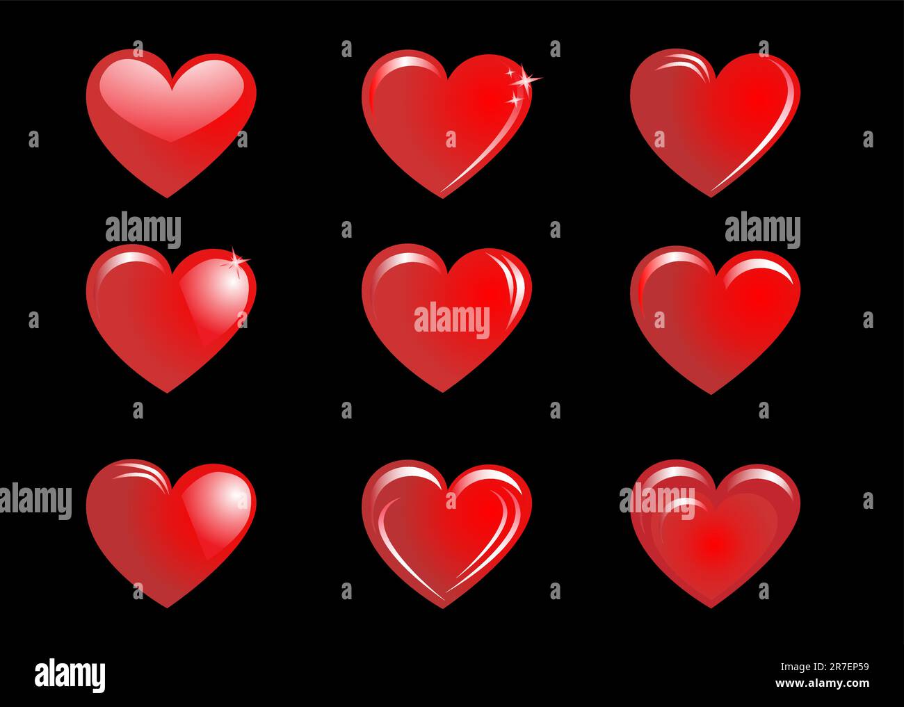 The collection of red hearts on a black background. Vector illustration ...