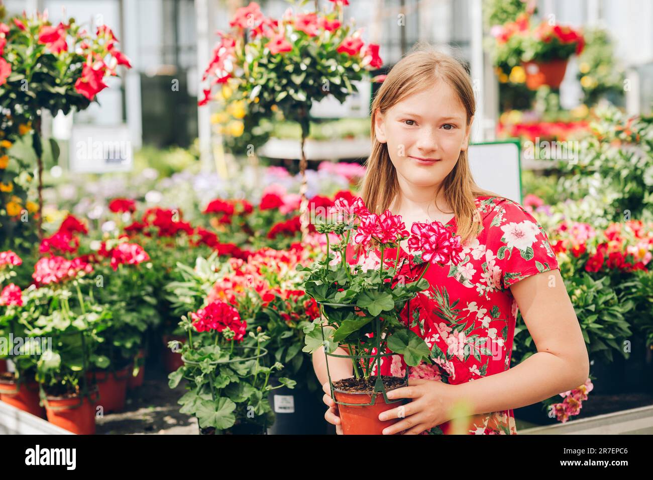 Adorable little girl choosing flowers in garden center Stock Photo Alamy