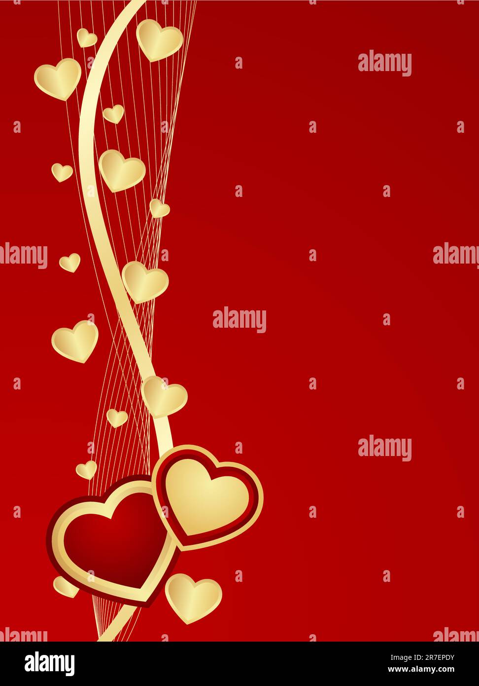Red valentine background. Wave of golden hearts. Vector illustration ...