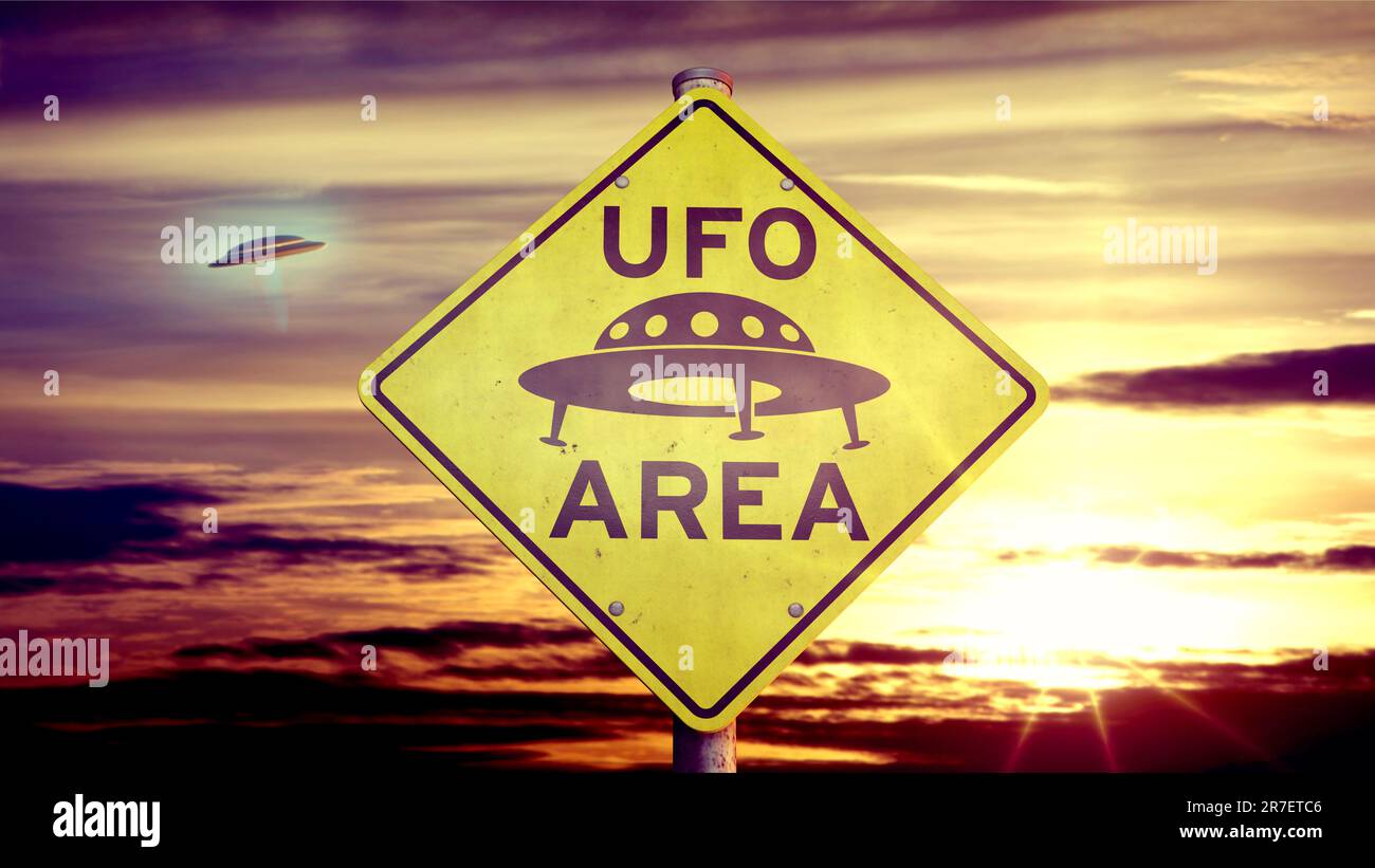 UFO sign 'UFO AREA' with unidentified flying object in the background Stock Photo