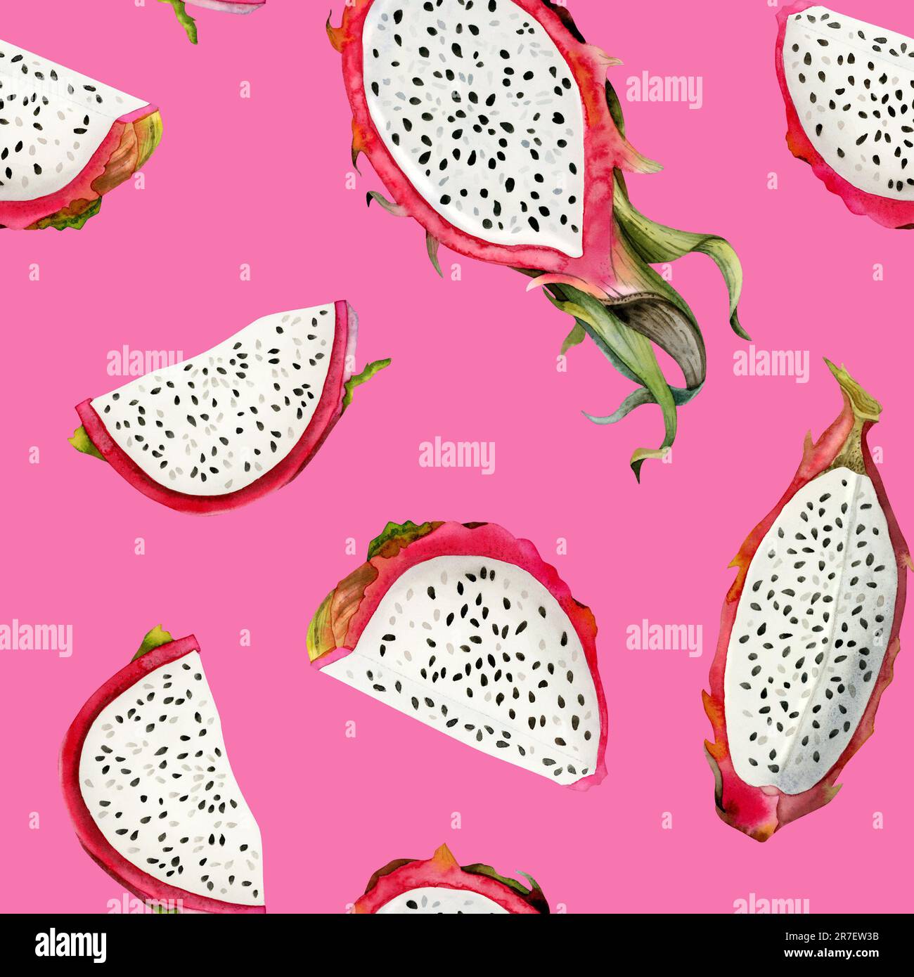 Bright pink dragon fruits slices seamless pattern with watercolor