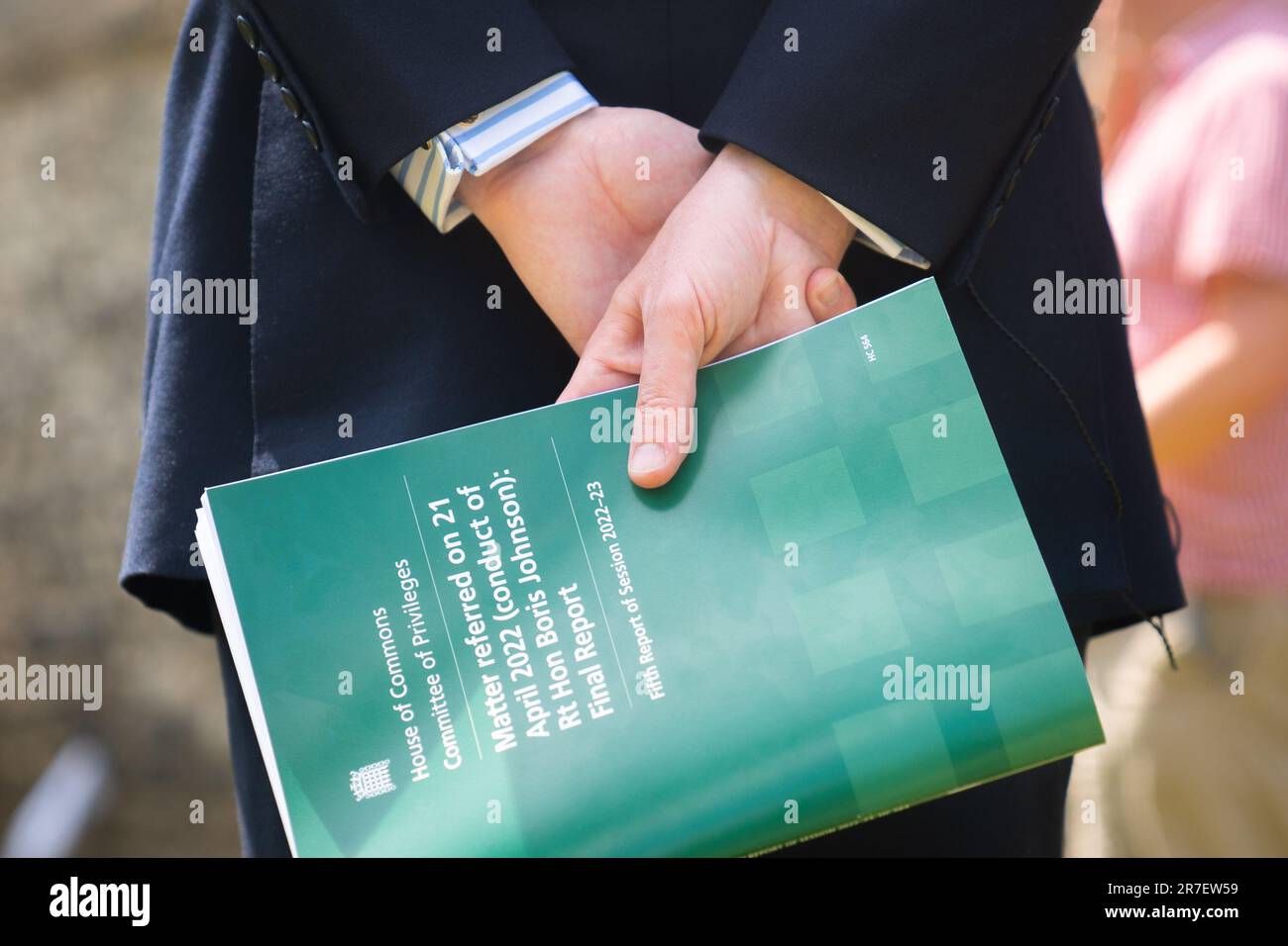 Jacob Rees-Mogg, holds a copy of the House of Commons Committee of Privileges report into whether former prime minister Boris Johnson misled Parliament over partygate, as he talks to the media in Westminster, central London. Boris Johnson committed 'repeated contempts' of Parliament with his partygate denials that merited a 90-day suspension, the cross-party investigation has found. The Privileges Committee's recommended suspension for acts, including deliberately misleading MPs, would have paved the way for a by-election for the former prime minister if he had not resigned in anticipation. Pi Stock Photo