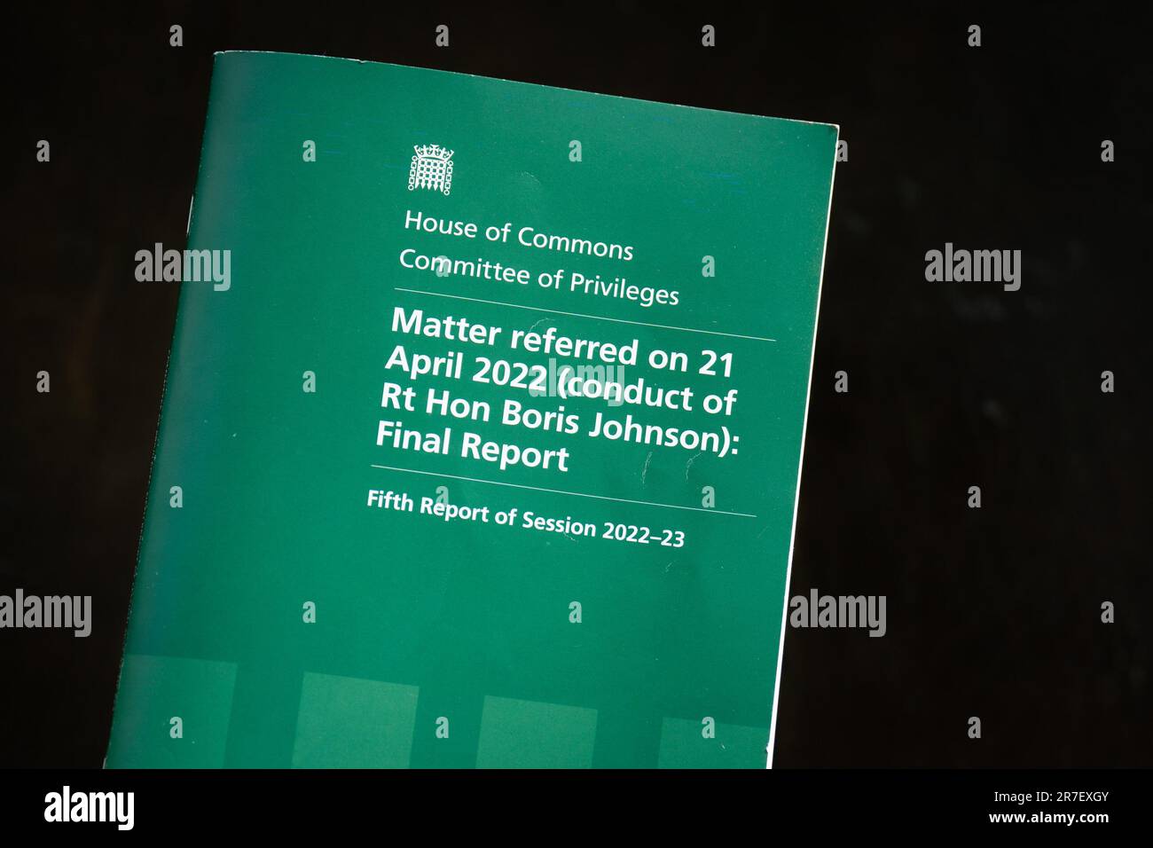 The front page of the House of Commons Committee of Privileges report into whether former prime minister Boris Johnson misled Parliament over partygate. Boris Johnson committed "repeated contempts" of Parliament with his partygate denials that merited a 90-day suspension, the cross-party investigation has found. Picture date: Thursday June 15, 2023. Stock Photo