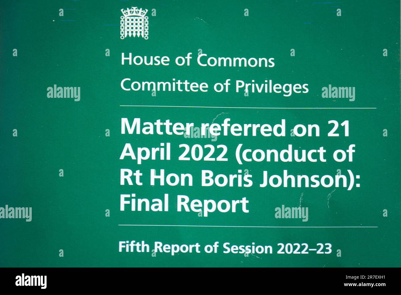The front page of the House of Commons Committee of Privileges report into whether former prime minister Boris Johnson misled Parliament over partygate. Boris Johnson committed "repeated contempts" of Parliament with his partygate denials that merited a 90-day suspension, the cross-party investigation has found. Picture date: Thursday June 15, 2023. Stock Photo