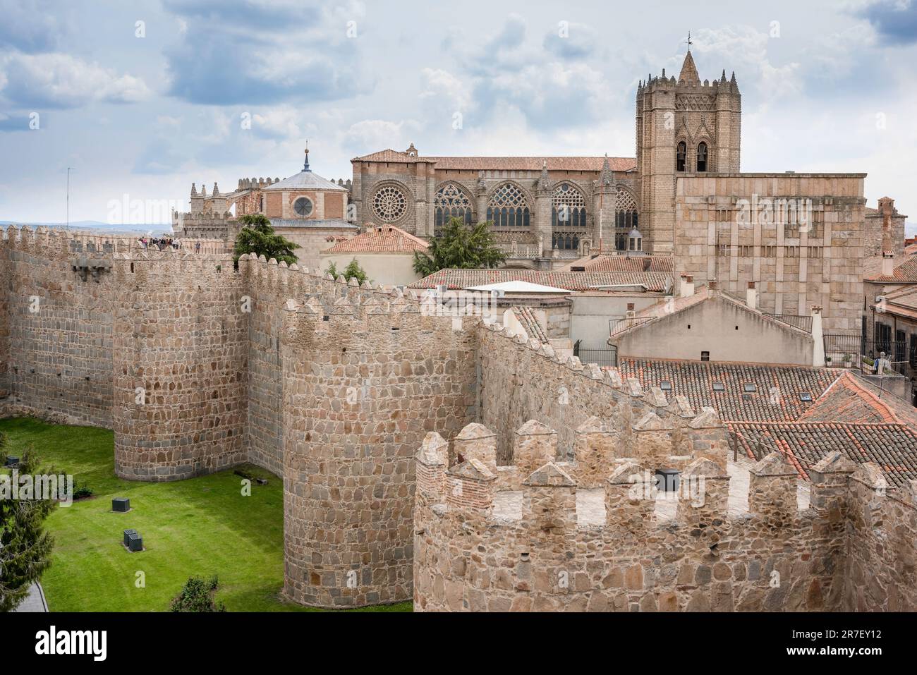 Avila Spain, view across the huge medieval wall that encircles the medieval city of Avila showing the Catedral de Avila on the skyline, Central Spain Stock Photo