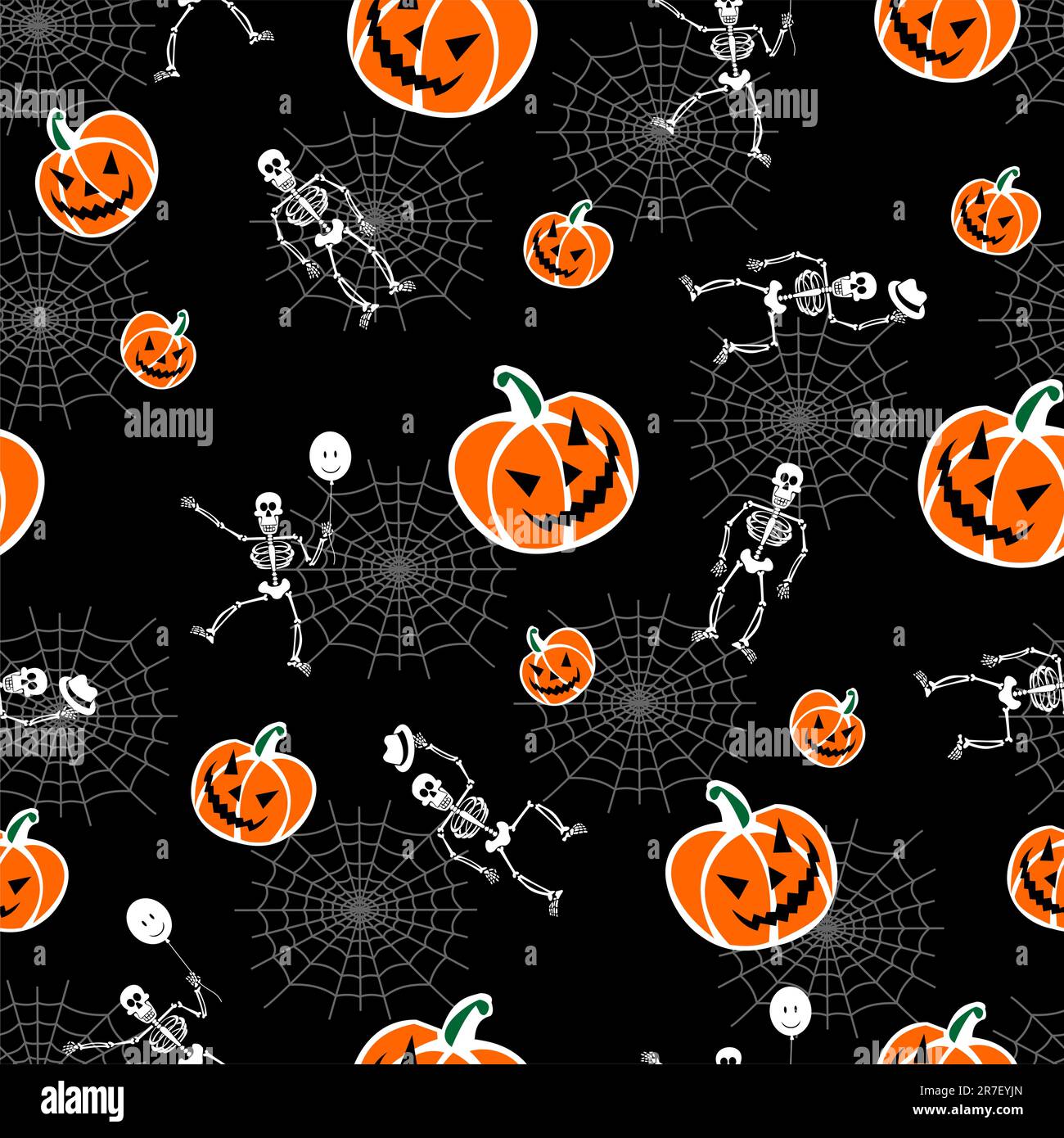 Halloween pumpkins and skeleton on black background. Vector available