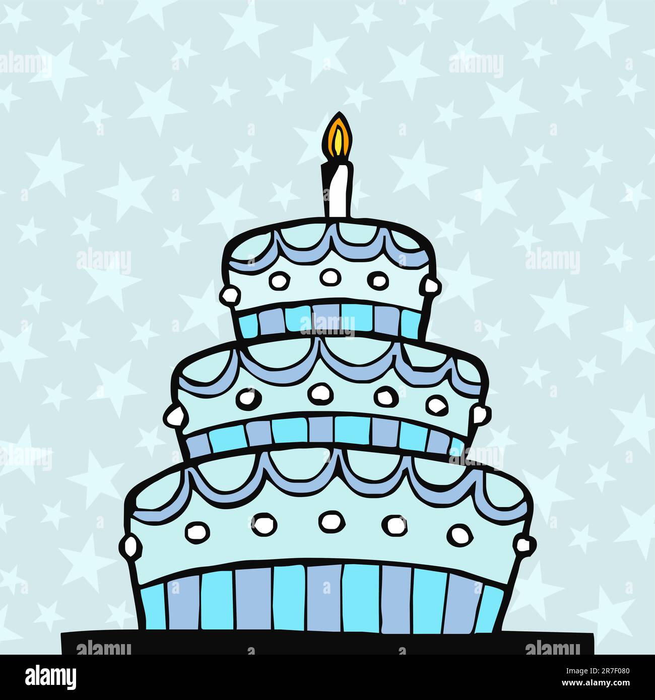 llight blue birthday cake on light blue background with stars Stock Vector