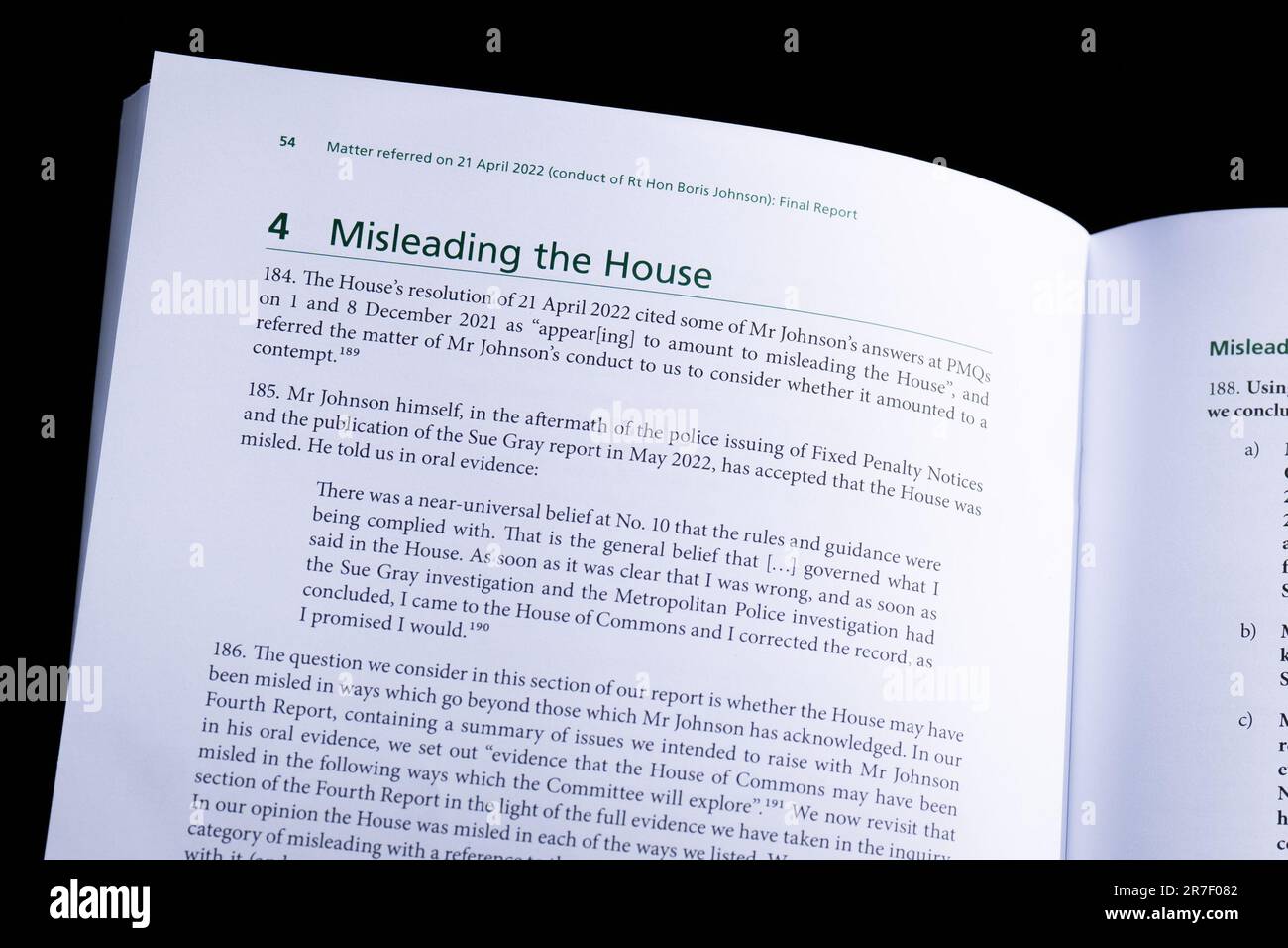 A page of the House of Commons Committee of Privileges report into whether former prime minister Boris Johnson misled Parliament over partygate. Boris Johnson committed "repeated contempts" of Parliament with his partygate denials that merited a 90-day suspension, the cross-party investigation has found. Picture date: Thursday June 15, 2023. Stock Photo