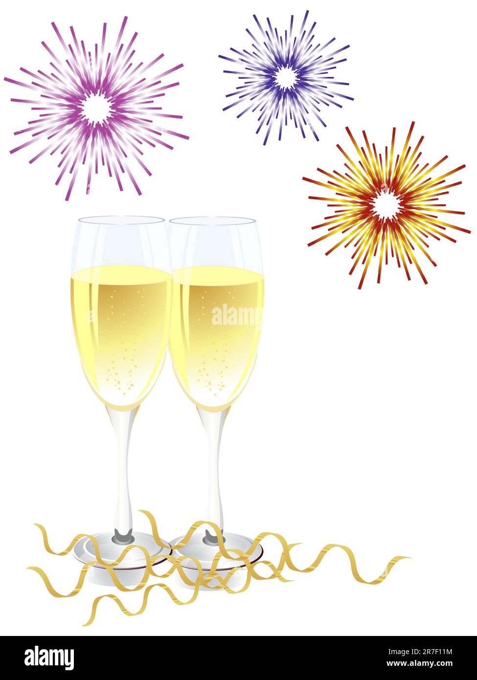 vector eps 10 illustration of glasses with sparkling wine and colorful fireworks Stock Vector