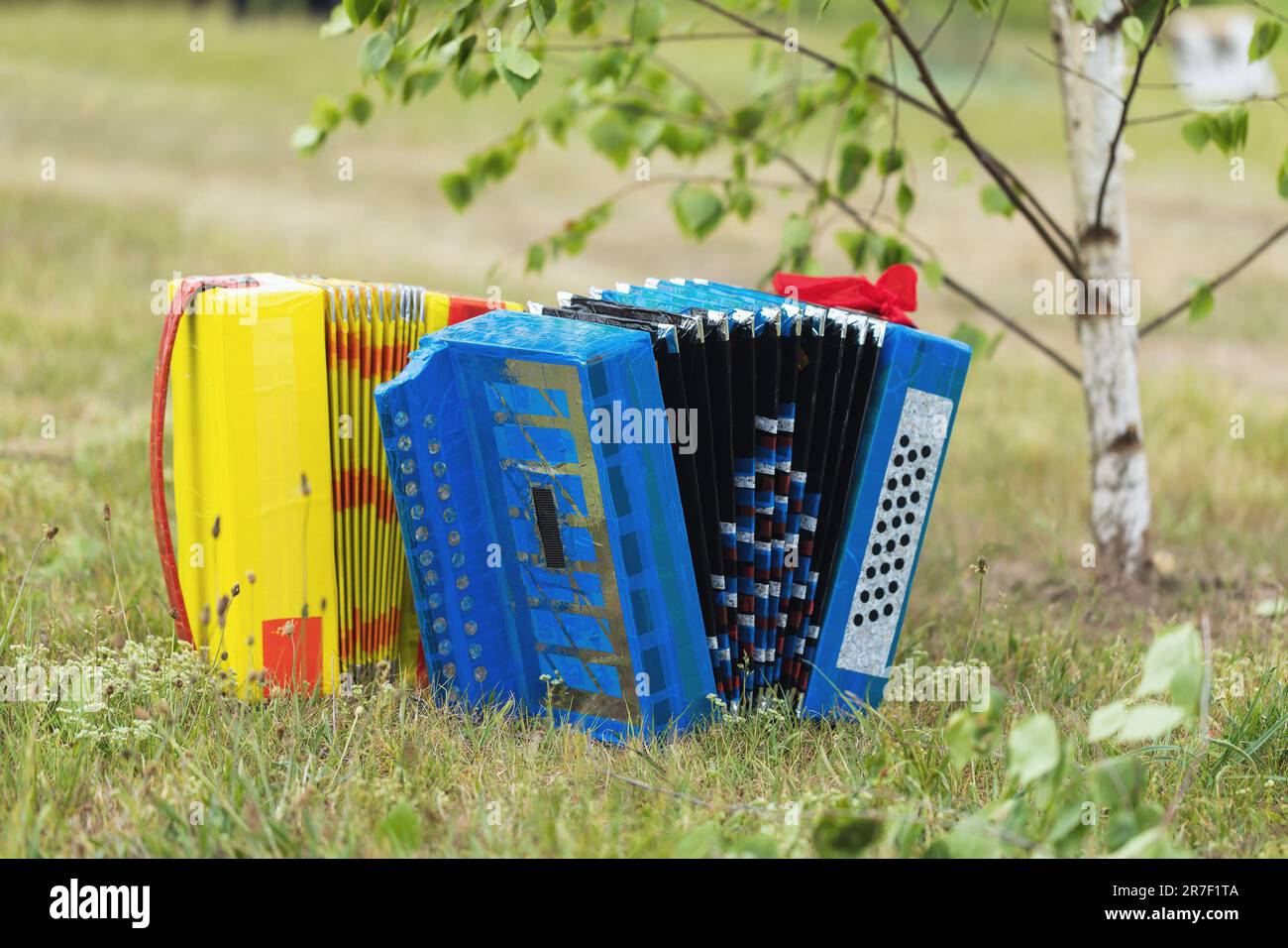 Toy harmonicas on the grass under the birch Stock Photo