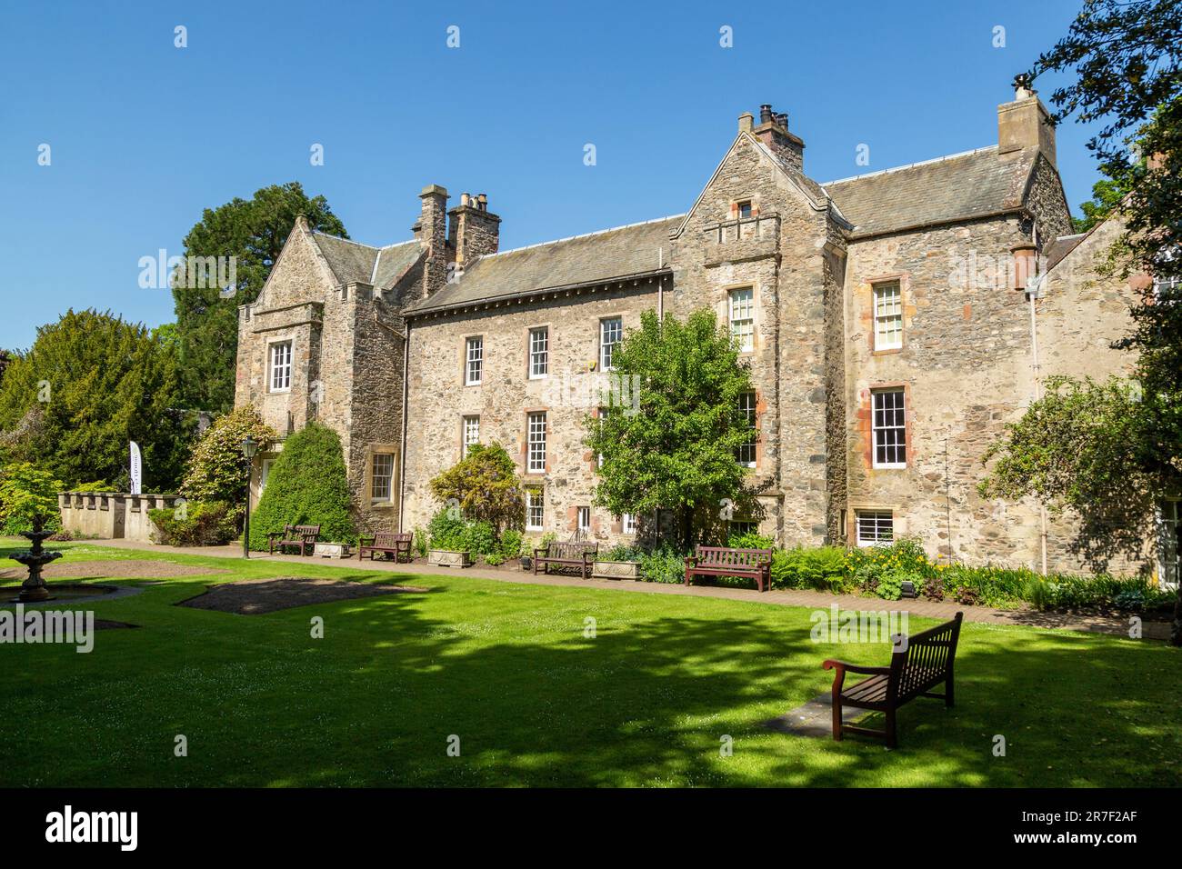 Old Gala House is a museum and conference centre the building was originally built as a tower house in 1457 by the Hoppringill family Stock Photo