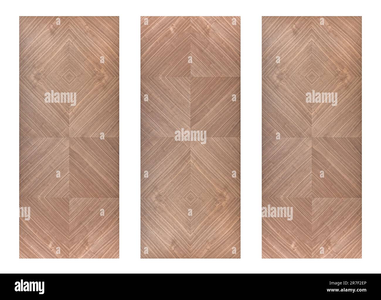 Wall panels of walnut veneer with geometric rhombic pattern isolated on white background Stock Photo