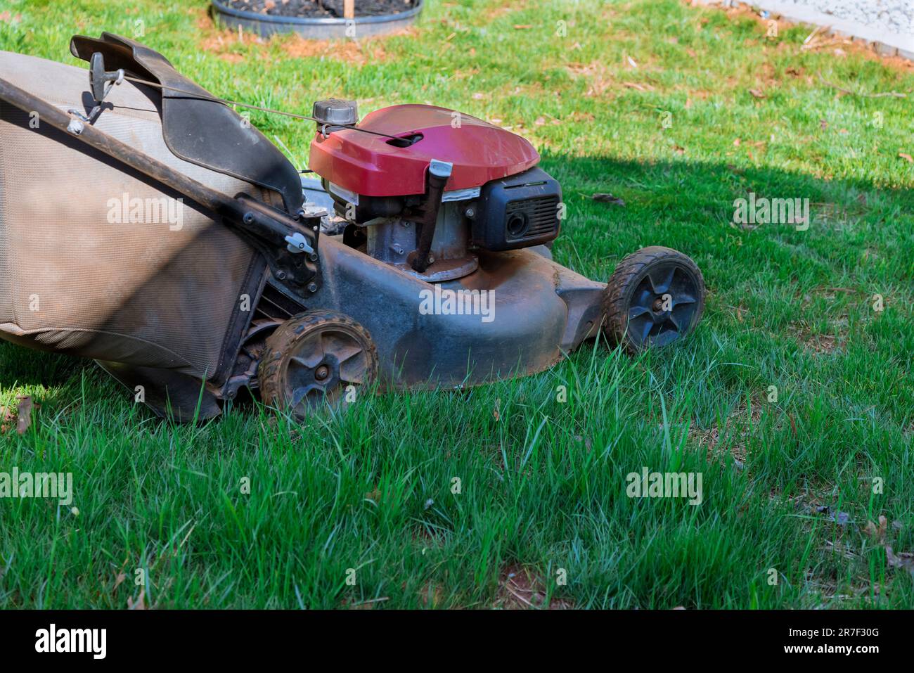 Mowing green grass around house with lawn mower while mowing green