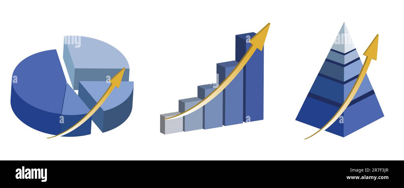 Illustration of Raising pie, pyramid and bar charts. isolated over a